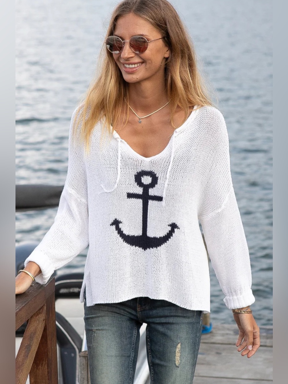 Wooden Ships Anchor V Neck Tie Sweater White & Navy Blue Size Small Medium